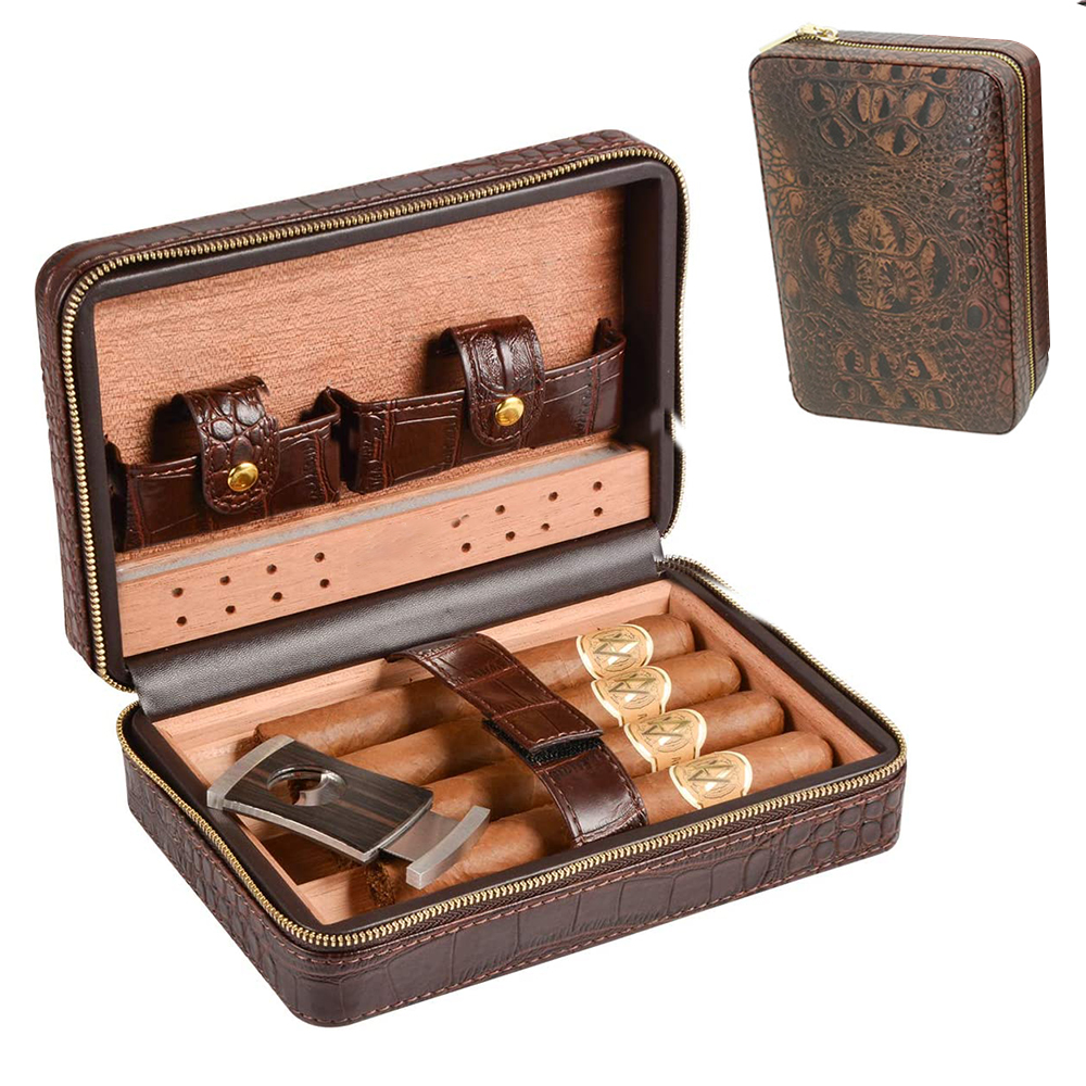 Travel Cigar Humidor Leather Case with Humidity Packs Bag Portable Cedar Wood Leather Case Holder 4 Cigars